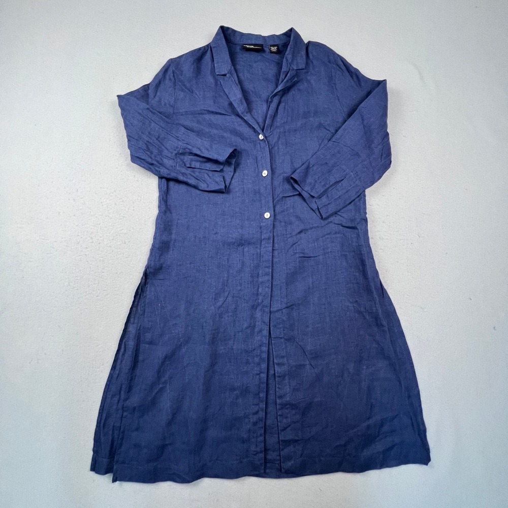 Valerie Stevens Linen Tunic Shirt Womens Medium Blue Button Front Longline Slit